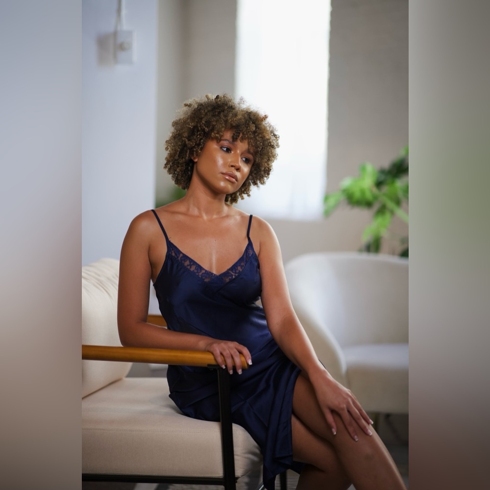 Elegant Navy Blue Lace Trim Slip Dress